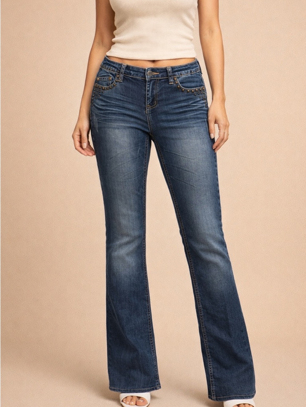 Women’s Dark Blue Bootcut Jeans with Stud Detail